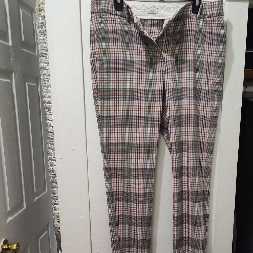 LOFT Plaid Straight Leg Pants - Pink, Gray, White